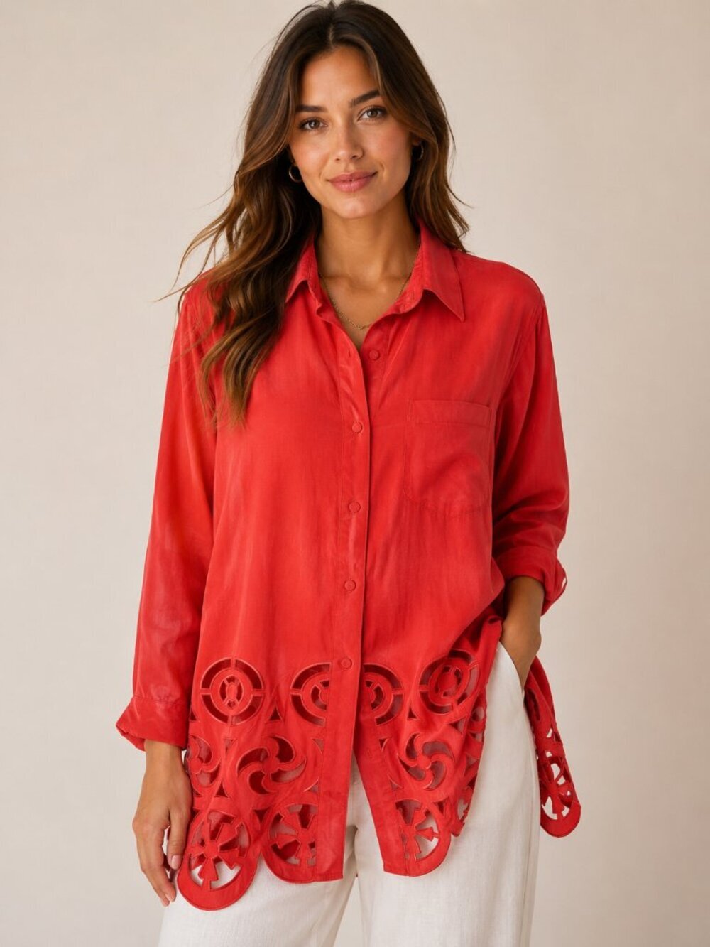 Vintage 100% Silk Red Cutout Button Up Blouse Boho Y2K Vacation Quiet Luxury